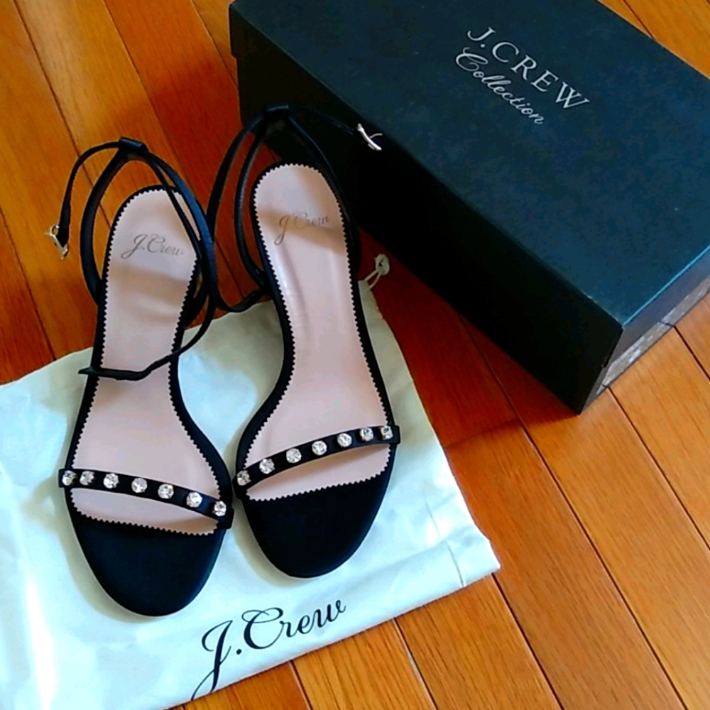 New in box j. Crew black satin crystal sandals 6.5
